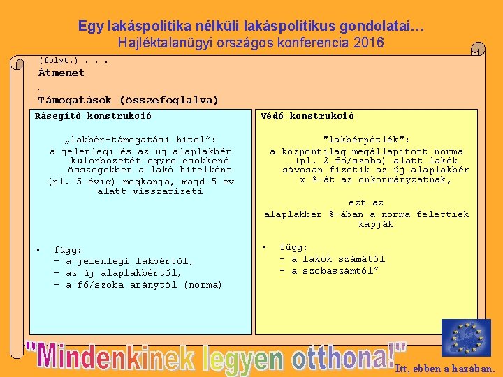 Egy lakáspolitika nélküli lakáspolitikus gondolatai… Hajléktalanügyi országos konferencia 2016 (folyt. ). . . Átmenet