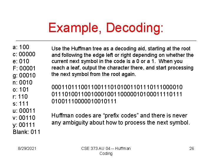 Example, Decoding: a: 100 c: 00000 e: 010 F: 00001 g: 00010 n: 0010