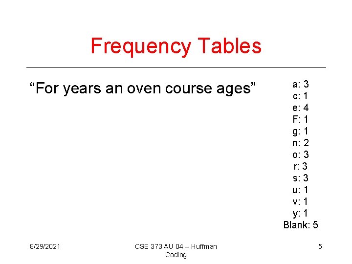 Frequency Tables “For years an oven course ages” 8/29/2021 CSE 373 AU 04 --