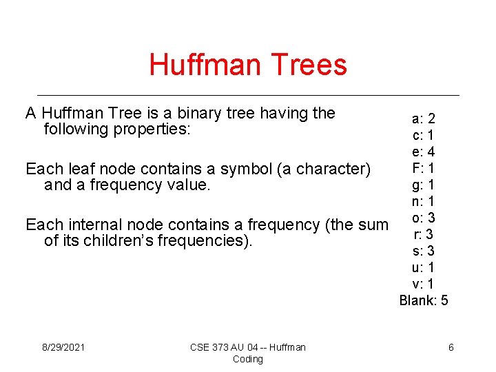 Huffman Trees A Huffman Tree is a binary tree having the following properties: Each