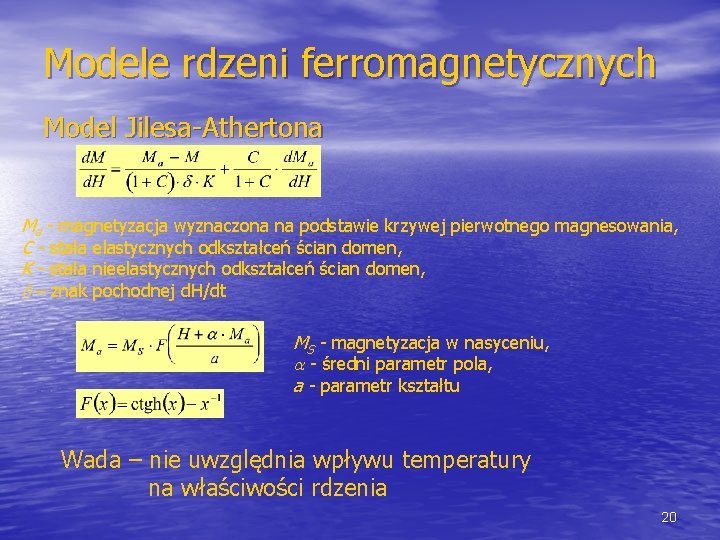 Modele rdzeni ferromagnetycznych Model Jilesa-Athertona Ma - magnetyzacja wyznaczona na podstawie krzywej pierwotnego magnesowania,