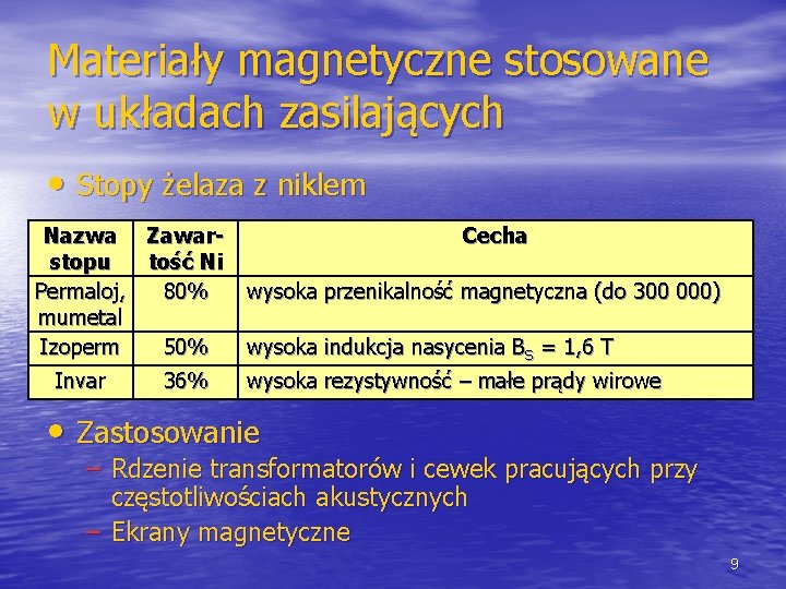 Materiały magnetyczne stosowane w układach zasilających • Stopy żelaza z niklem Nazwa Zawar. Cecha