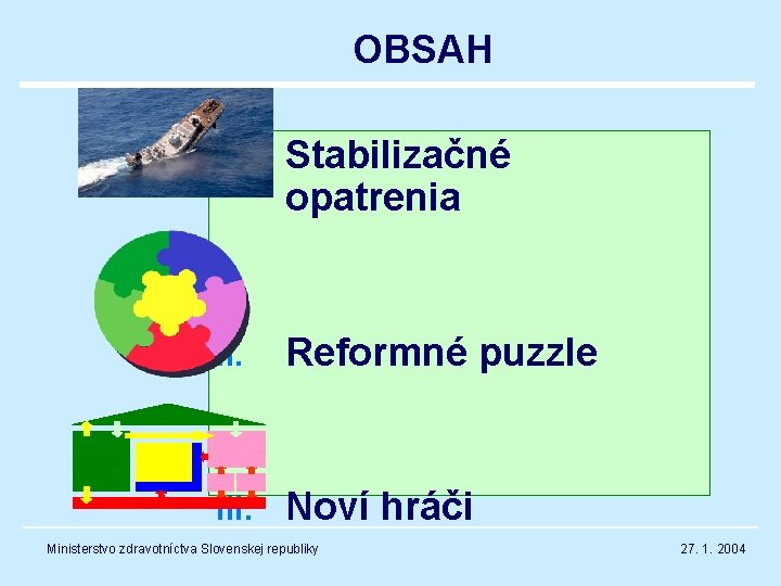 OBSAH I. Stabilizačné opatrenia II. Reformné puzzle III. Noví hráči Ministerstvo zdravotníctva Slovenskej republiky
