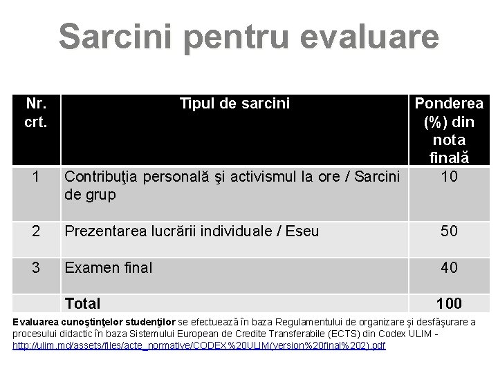 Sarcini pentru evaluare Nr. crt. 1 Tipul de sarcini Ponderea (%) din nota finală