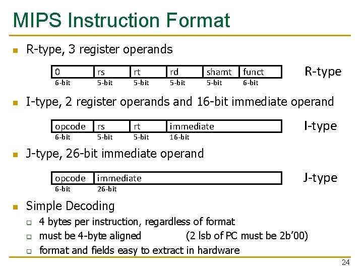 MIPS Instruction Format n R-type, 3 register operands 0 6 -bit n 6 -bit