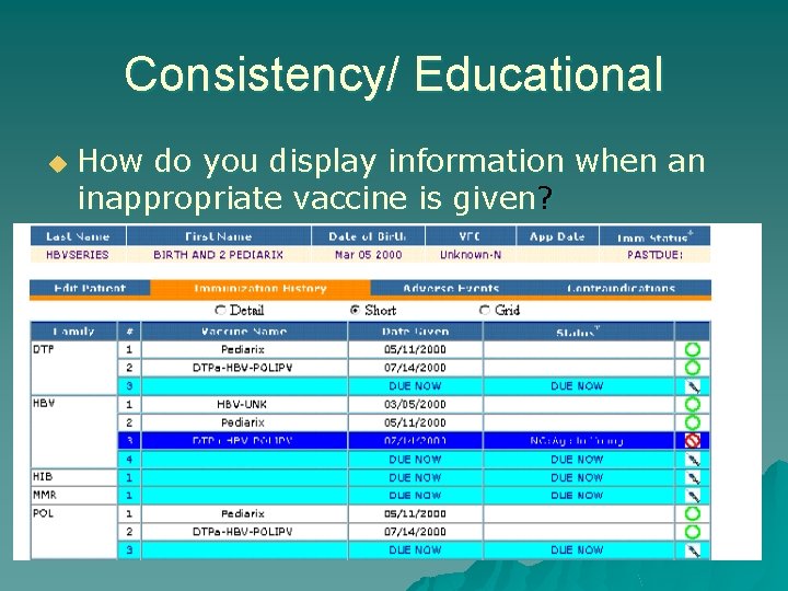 Consistency/ Educational u How do you display information when an inappropriate vaccine is given?