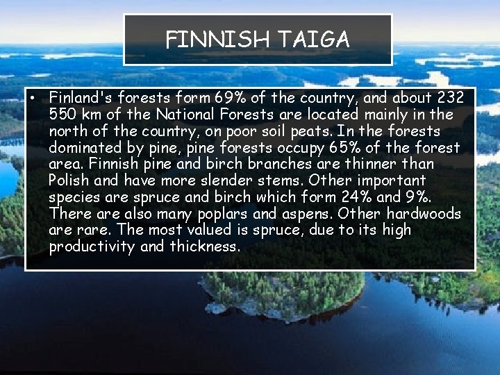 FINNISH TAIGA • Finland's forests form 69% of the country, and about 232 550