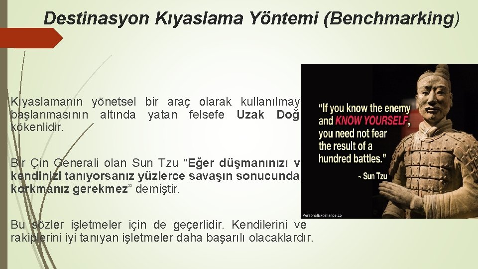 Destinasyon Kıyaslama Yöntemi (Benchmarking) Kıyaslamanın yönetsel bir araç olarak kullanılmaya başlanmasının altında yatan felsefe