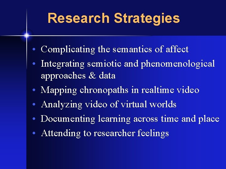 Research Strategies • Complicating the semantics of affect • Integrating semiotic and phenomenological approaches