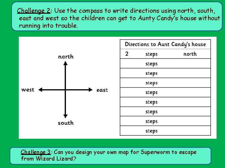 Challenge 2: Use the compass to write directions using north, south, east and west