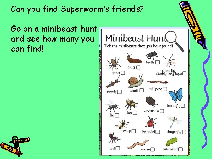 Can you find Superworm’s friends? Go on a minibeast hunt and see how many