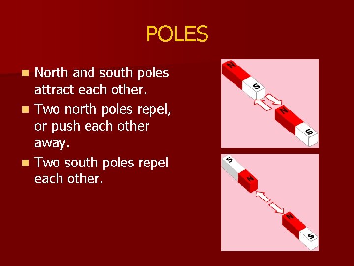 POLES North and south poles attract each other. n Two north poles repel, or POLES North and south poles attract each other. n Two north poles repel, or