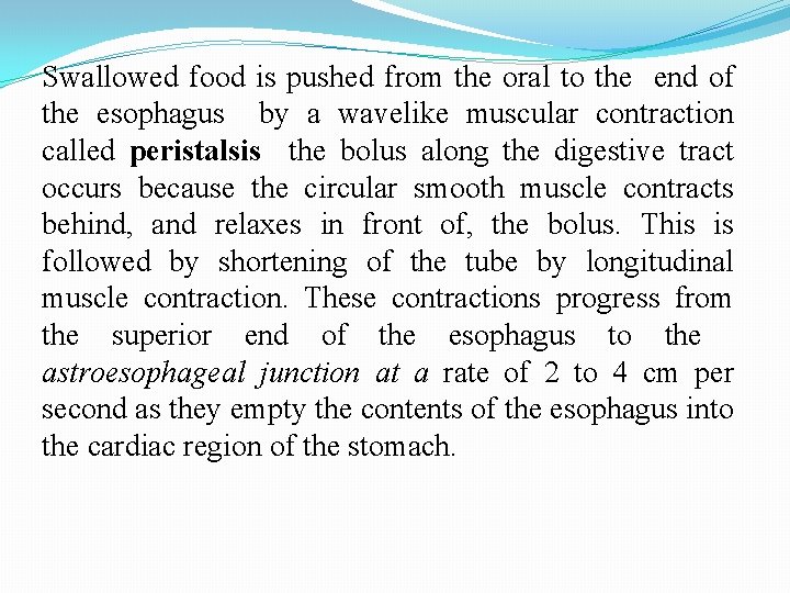 Swallowed food is pushed from the oral to the end of the esophagus by