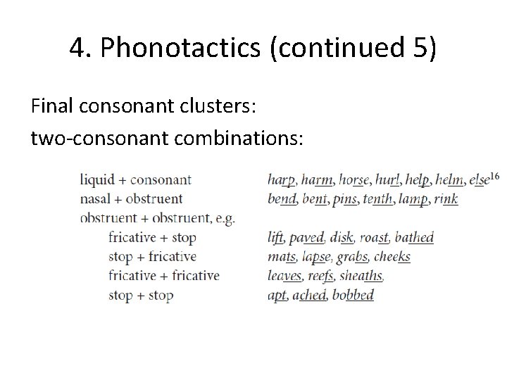 4. Phonotactics (continued 5) Final consonant clusters: two-consonant combinations: 