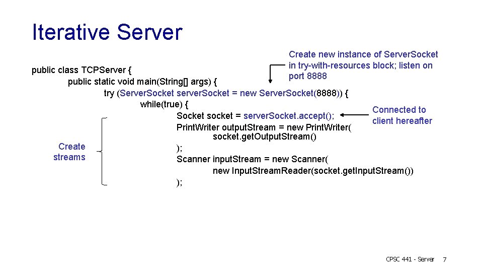 Iterative Server Create new instance of Server. Socket in try-with-resources block; listen on port