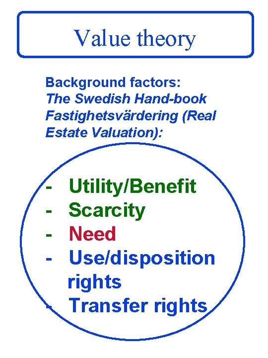 Value theory Background factors: The Swedish Hand-book Fastighetsvärdering (Real Estate Valuation): - Utility/Benefit Scarcity