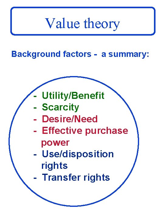 Value theory Background factors - a summary: - Utility/Benefit Scarcity Desire/Need Effective purchase power