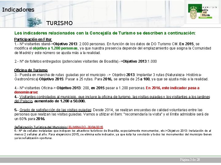 Indicadores TURISMO Los indicadores relacionados con la Concejalía de Turismo se describen a continuación: