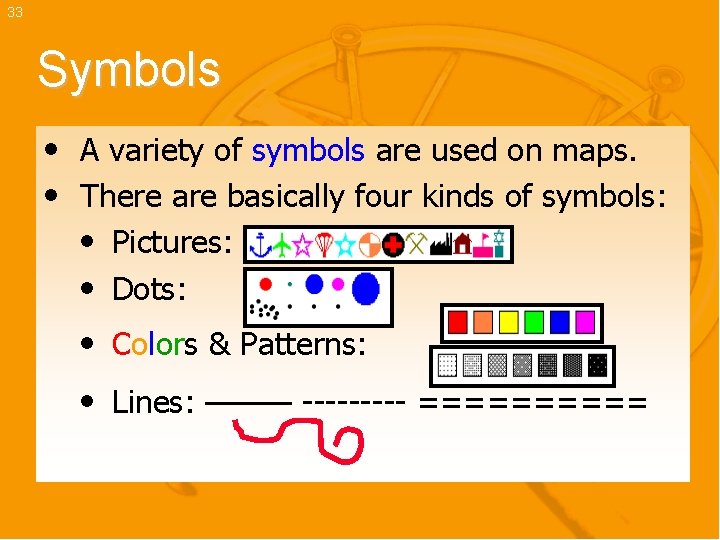 33 Symbols • A variety of symbols are used on maps. • There are