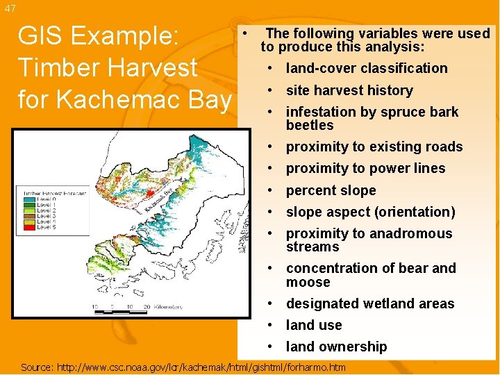 47 GIS Example: Timber Harvest for Kachemac Bay • The following variables were used