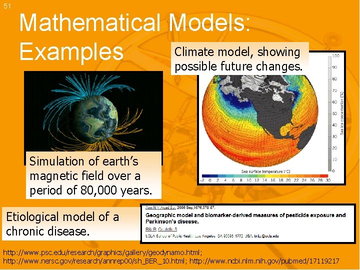 51 Mathematical Models: Climate model, showing Examples possible future changes. Simulation of earth’s magnetic