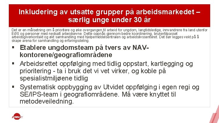 Inkludering av utsatte grupper på arbeidsmarkedet – særlig unge under 30 år Det er