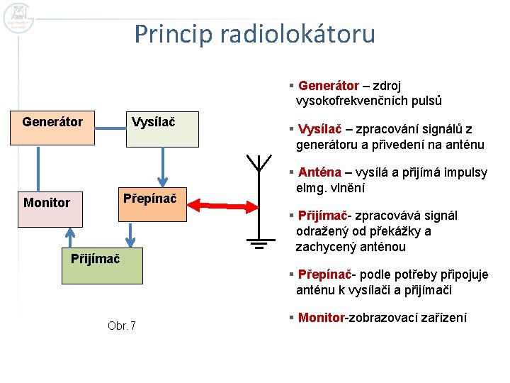 Princip radiolokátoru § Generátor – zdroj vysokofrekvenčních pulsů Generátor Vysílač Přepínač Monitor Přijímač §