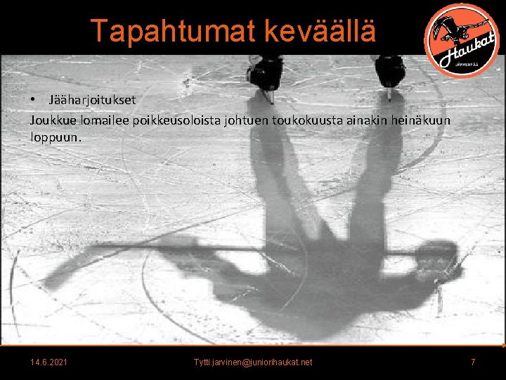Tapahtumat keväällä • Jääharjoitukset Joukkue lomailee poikkeusoloista johtuen toukokuusta ainakin heinäkuun loppuun. 14. 6. Tapahtumat keväällä • Jääharjoitukset Joukkue lomailee poikkeusoloista johtuen toukokuusta ainakin heinäkuun loppuun. 14. 6.