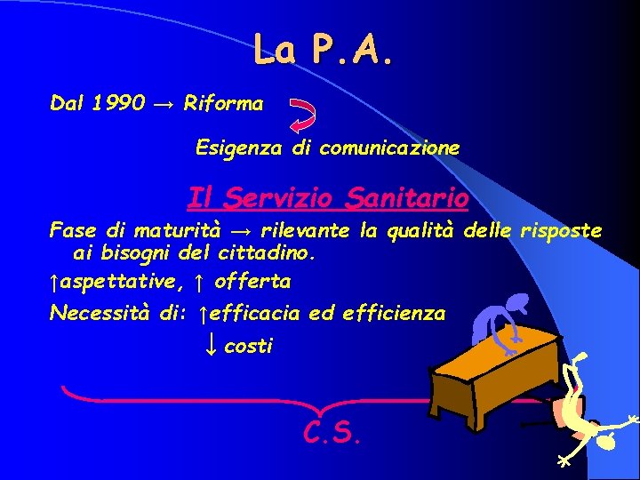 La P. A. Dal 1990 → Riforma Esigenza di comunicazione Il Servizio Sanitario Fase