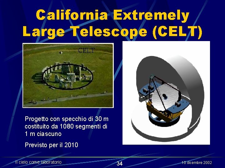 California Extremely Large Telescope (CELT) Progetto con specchio di 30 m costituito da 1080