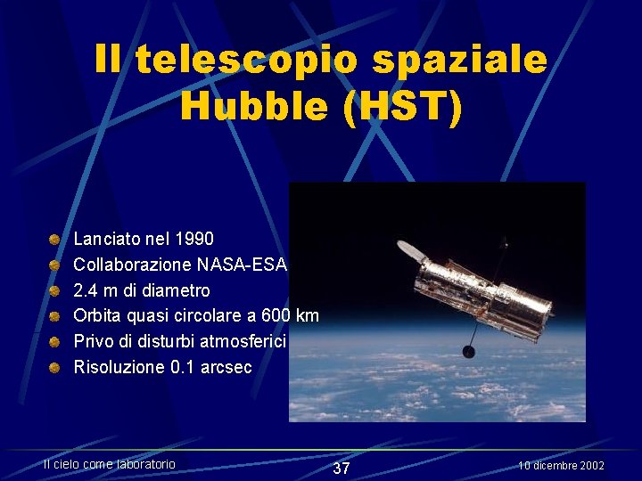 Il telescopio spaziale Hubble (HST) Lanciato nel 1990 Collaborazione NASA-ESA 2. 4 m di