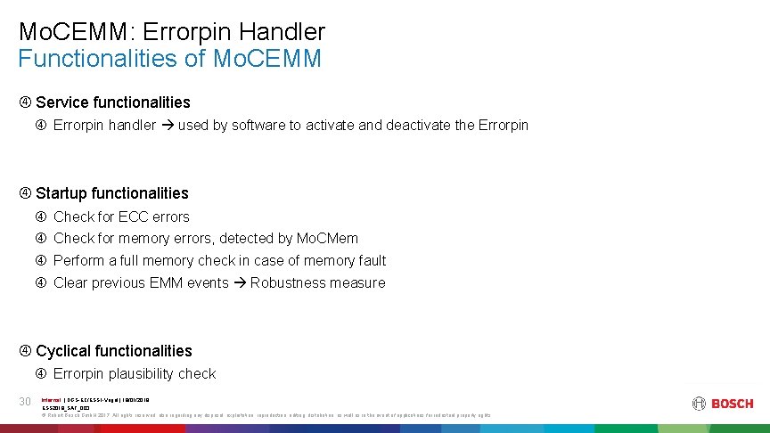 Mo. CEMM: Errorpin Handler Functionalities of Mo. CEMM Service functionalities Errorpin handler used by
