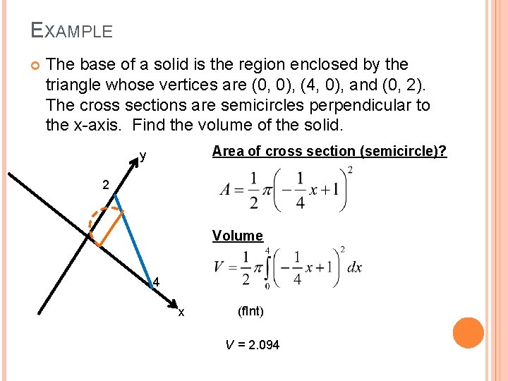 EXAMPLE The base of a solid is the region enclosed by the triangle whose