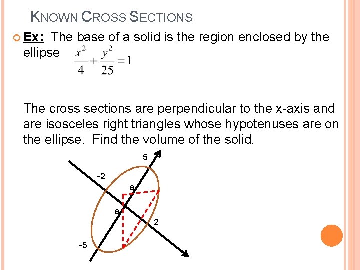 KNOWN CROSS SECTIONS Ex: The base of a solid is the region enclosed by