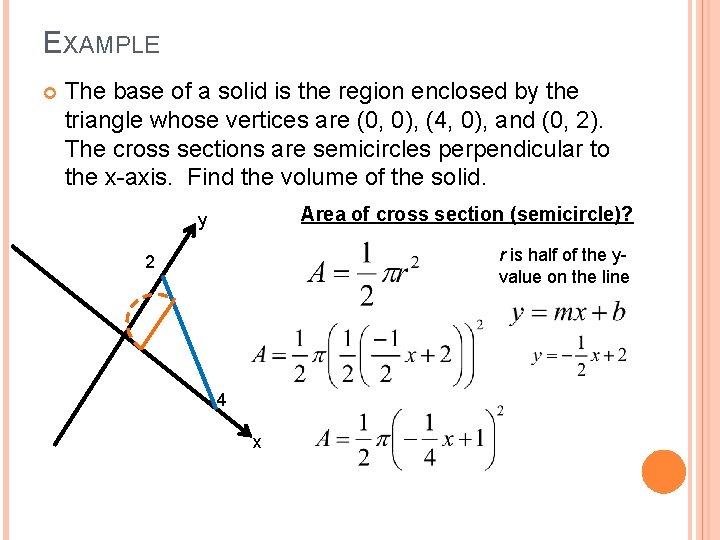 EXAMPLE The base of a solid is the region enclosed by the triangle whose