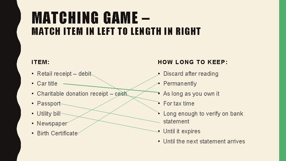 MATCHING GAME – MATCH ITEM IN LEFT TO LENGTH IN RIGHT ITEM: HOW LONG