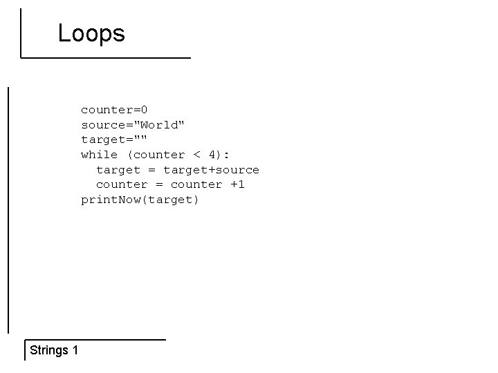 Loops counter=0 source="World" target="" while (counter < 4): target = target+source counter = counter