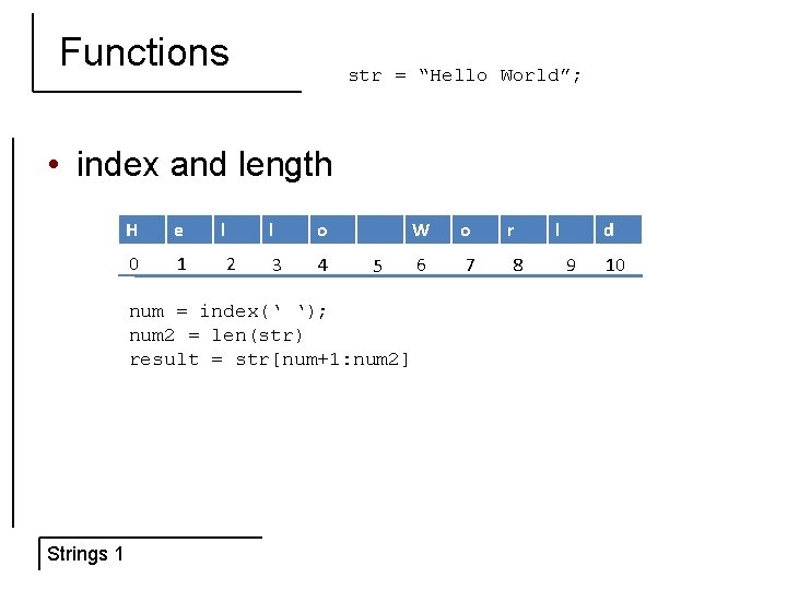 Functions str = “Hello World”; • index and length H e 0 1 l