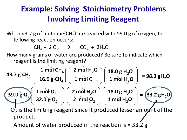 Example: Solving Stoichiometry Problems Involving Limiting Reagent When 43. 7 g of methane(CH 4)