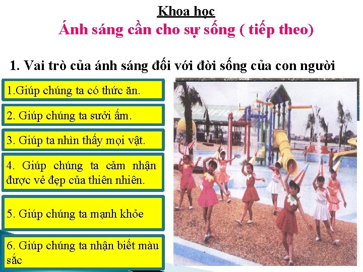 Khoa học Ánh sáng cần cho sự sống ( tiếp theo) 1. Vai trò