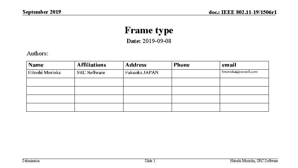 September 2019 doc. : IEEE 802. 11 -19/1506 r 1 Frame type Date: 2019