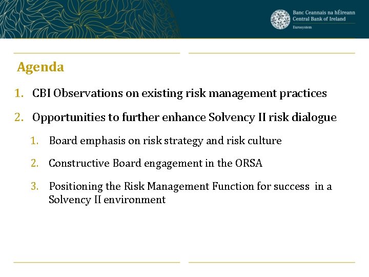 Agenda 1. CBI Observations on existing risk management practices 2. Opportunities to further enhance