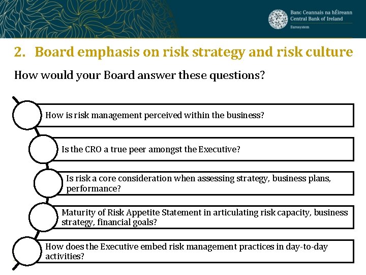 2. Board emphasis on risk strategy and risk culture How would your Board answer