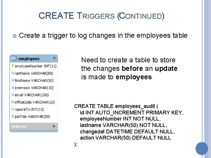 CREATE TRIGGERS (CONTINUED) Create a trigger to log changes in the employees table Need