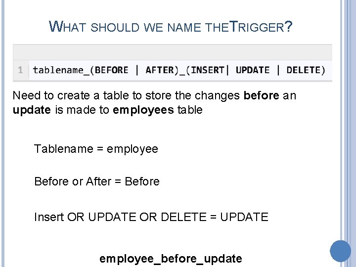 WHAT SHOULD WE NAME THETRIGGER? Need to create a table to store the changes