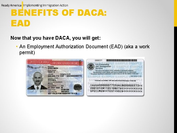 BENEFITS OF DACA: EAD Now that you have DACA, you will get: • An