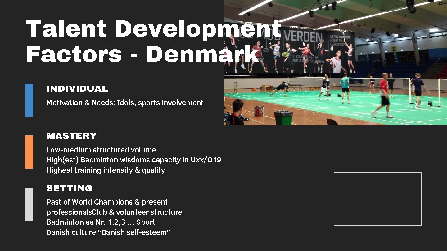 Talent Development Factors - Denmark INDIVIDUAL Motivation & Needs: Idols, sports involvement MASTERY Low-medium