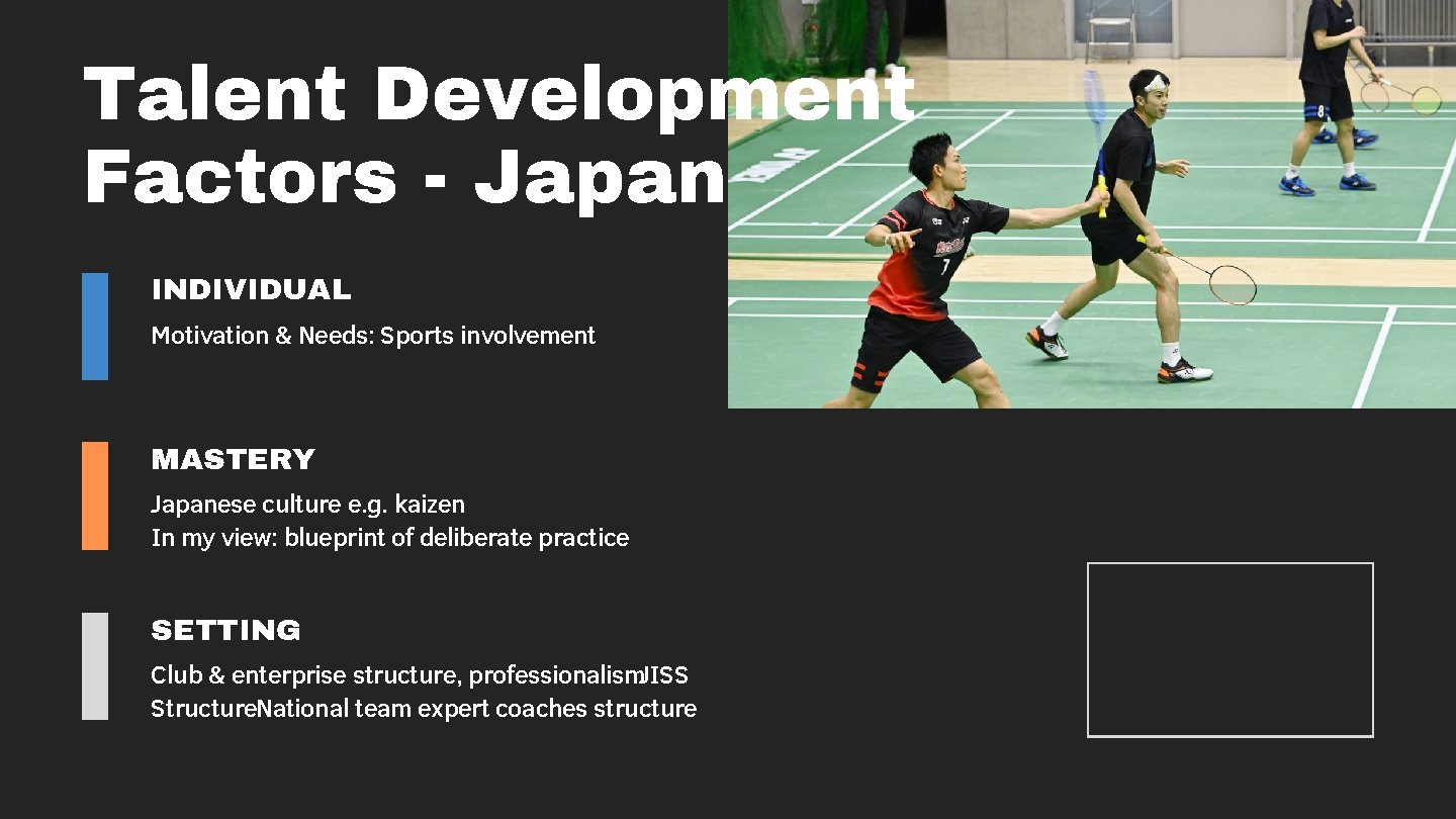 Talent Development Factors - Japan INDIVIDUAL Motivation & Needs: Sports involvement MASTERY Japanese culture