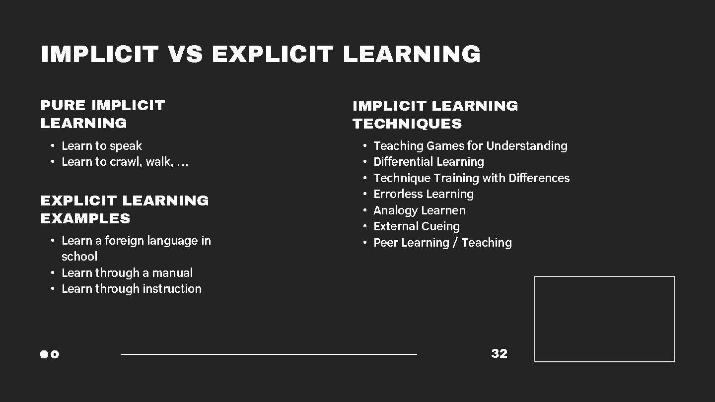 IMPLICIT VS EXPLICIT LEARNING PURE IMPLICIT LEARNING • Learn to speak • Learn to