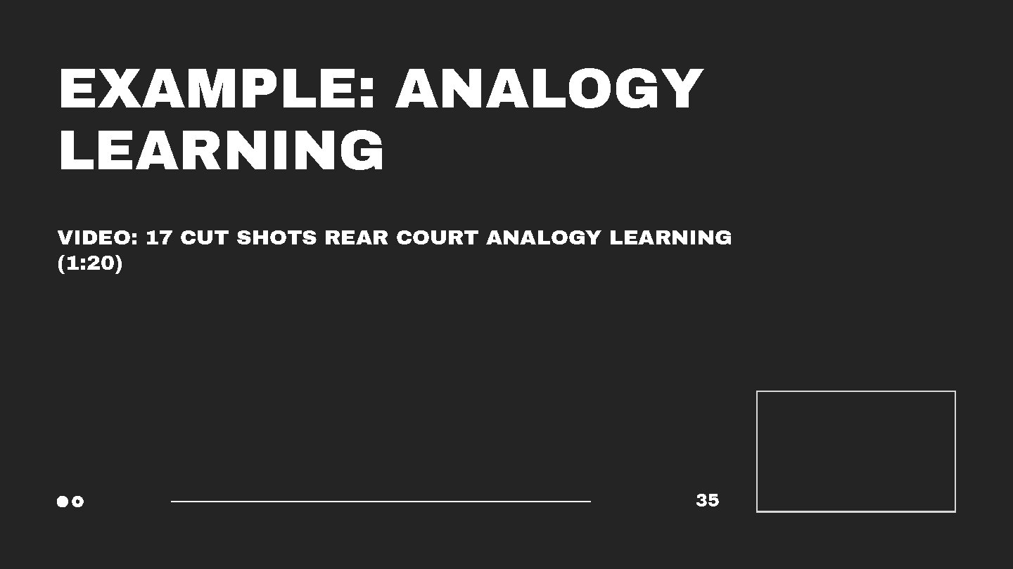 EXAMPLE: ANALOGY LEARNING VIDEO: 17 CUT SHOTS REAR COURT ANALOGY LEARNING (1: 20) 35